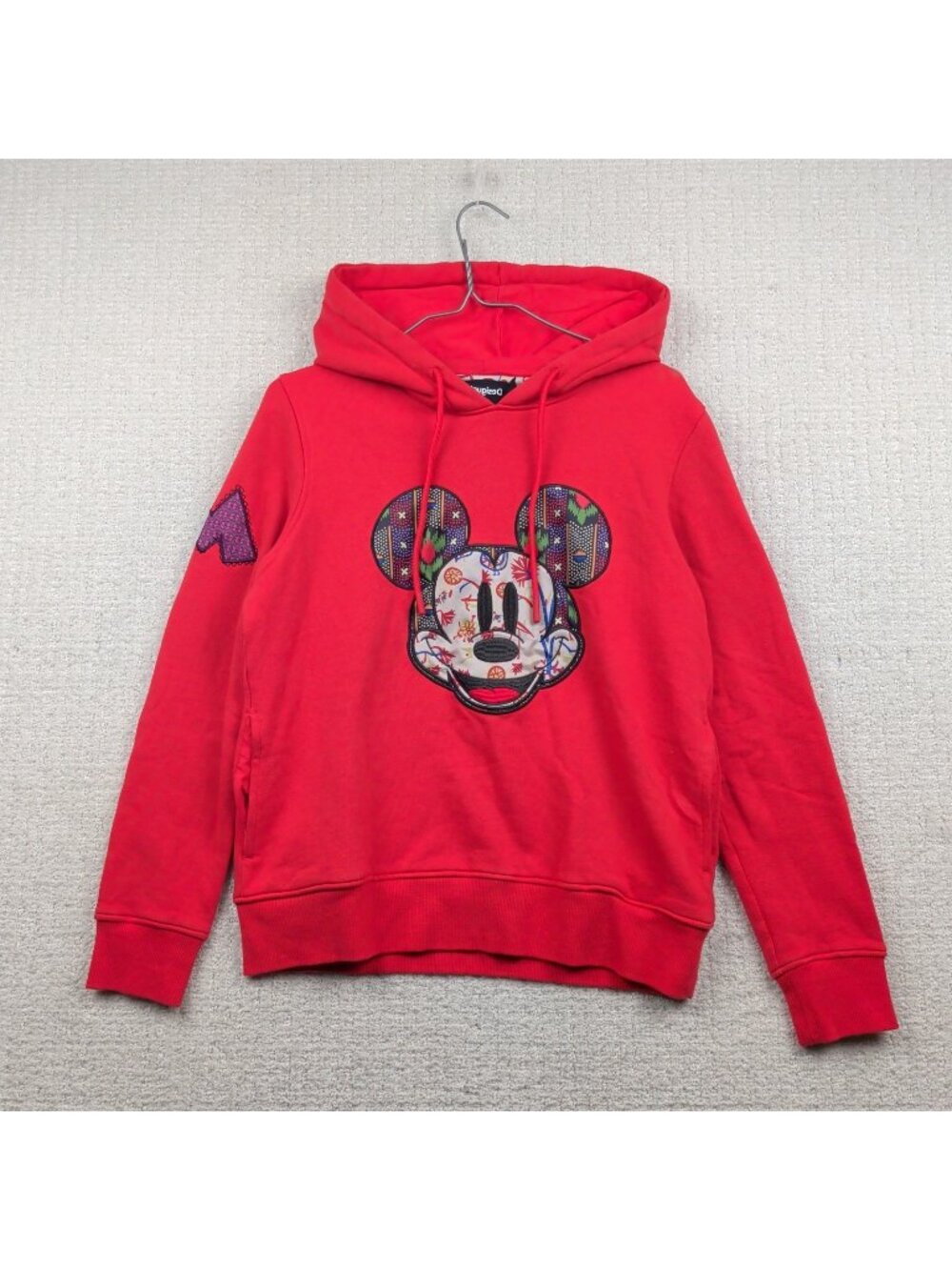 Desigual x Disney Mickey Mouse Hoodie Boho Floral Mandala Indie Red Wom Sz XS